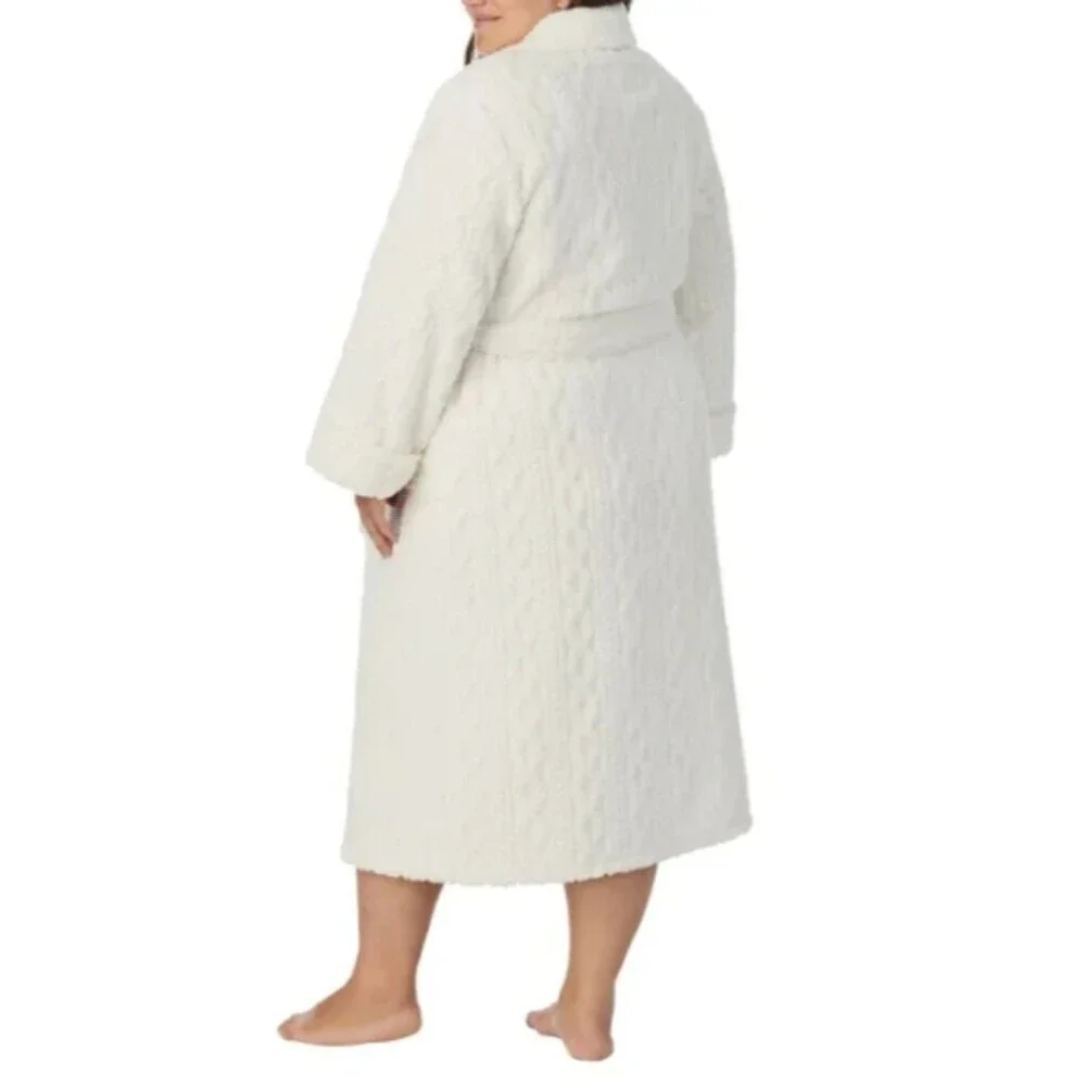 Room Service Womens Robe 2X Full Length Plush Ivory Cozy Lounge Cuffs Cable NEW
